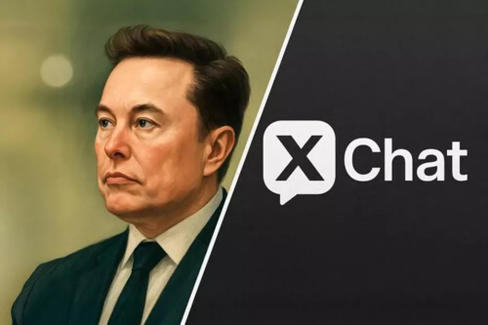 Logo do XChat com o símbolo 'X' estilizado e o texto 'XChat by X' em um fundo escuro, simbolizando um novo aplicativo de mensagens focado em privacidade.